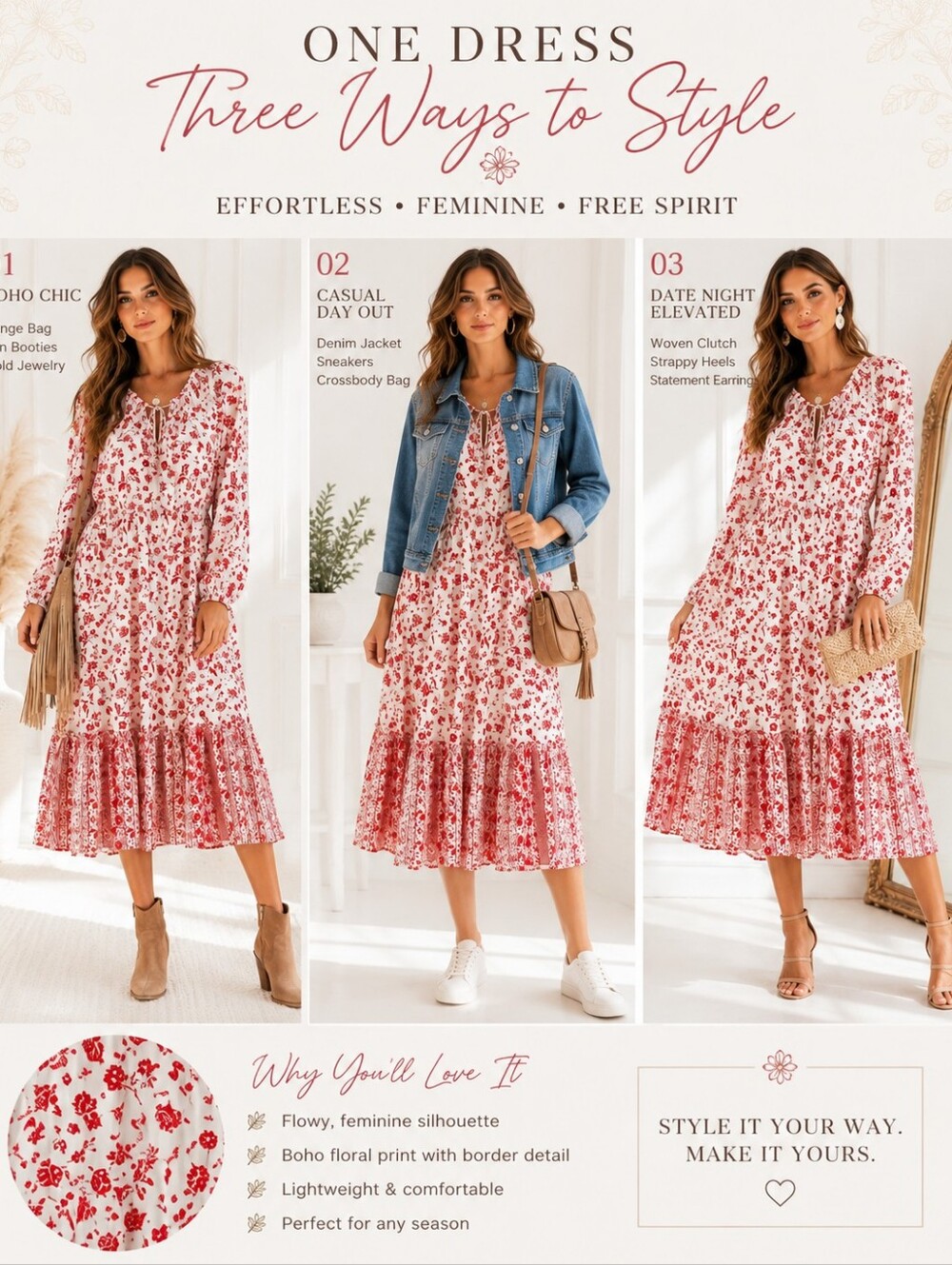 Grace Atwood x The Drop Floral Boho Maxi Dress XXL White Red Long Sleeve - Picture 3 of 8